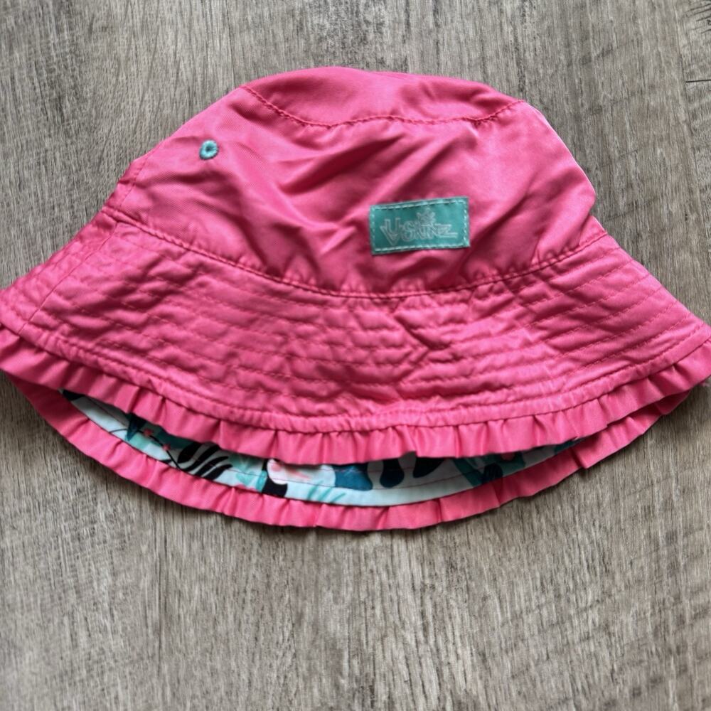 UV Skinz Girls Reversible Bucket Hat Pink Tropical Flamingo Sun Ruffle Brim 4-6